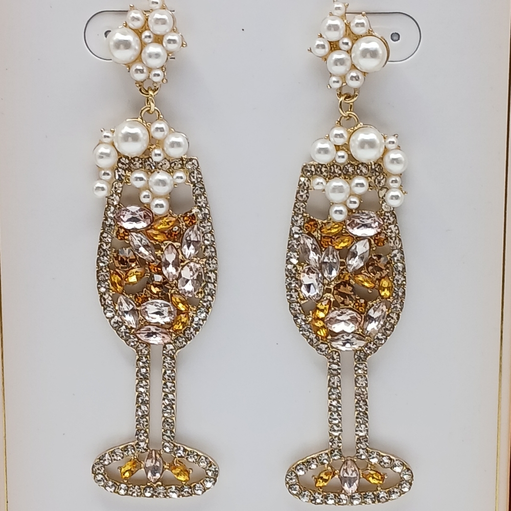 Isaac Mizrahi Champagne Glass Bubbles Statement Earrings Pearls & Crystals NWT